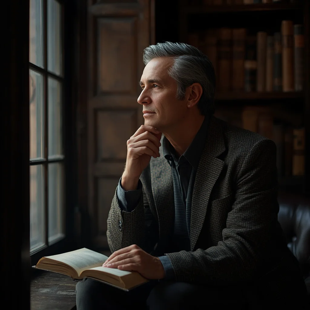 The Thinker: A Man in Contemplation by a Library Window — AI image prompt
