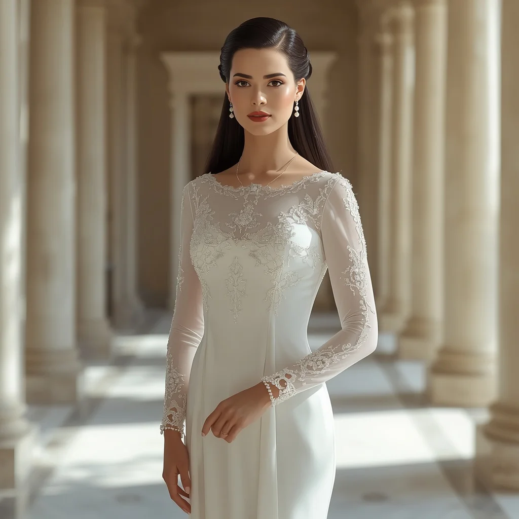 Timeless Elegance in a Sophisticated White Column Gown with Details — AI image prompt