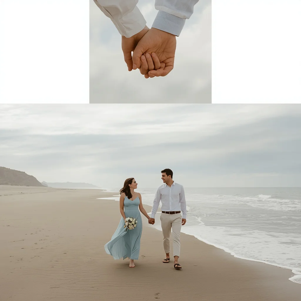 Tranquil Beach Wedding Portrait: Hand-in-Hand Bliss — AI image prompt