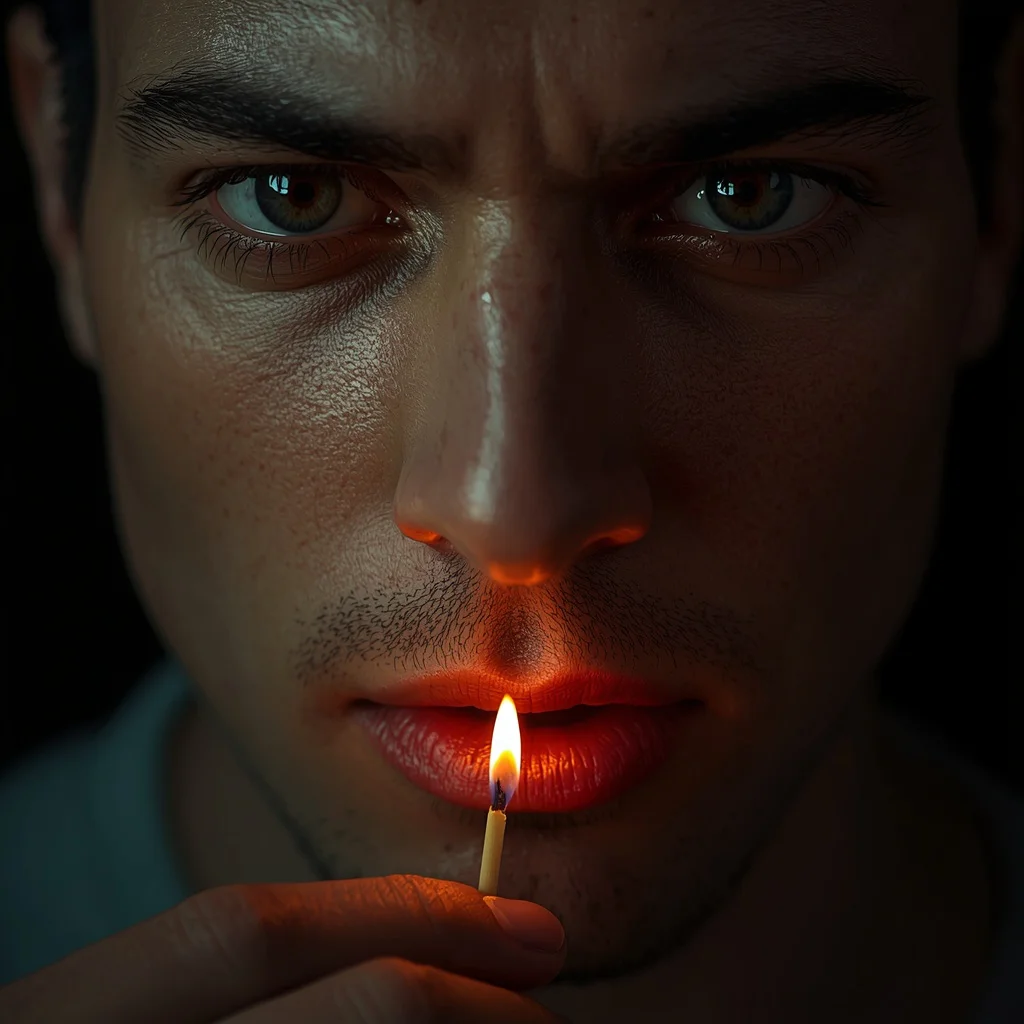 Ultra-Close Cinematic Portrait of a Man with a Match-Lit Face — AI image prompt