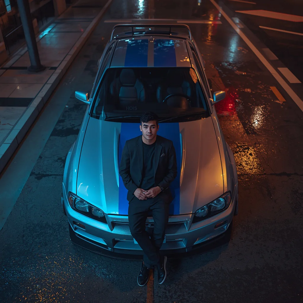 Ultra-Realistic Full-Body Portrait of a Man in a Japanese Street Racing Scene — AI image prompt